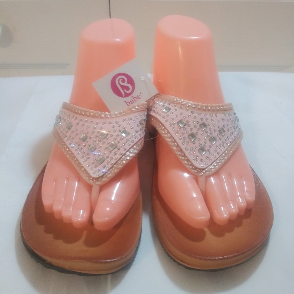 BABE BLING RHINESTONE THONG BEIGE SANDAL SLIP-ON FLIP FLOPS